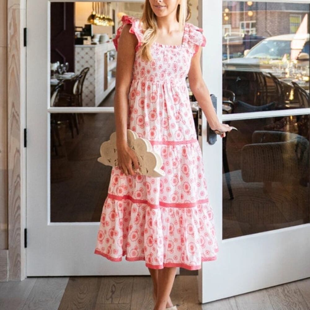 Sail To Sable STS Flutter Sleeve Smocked Pink Floral Printed Midi Dress Size  XL